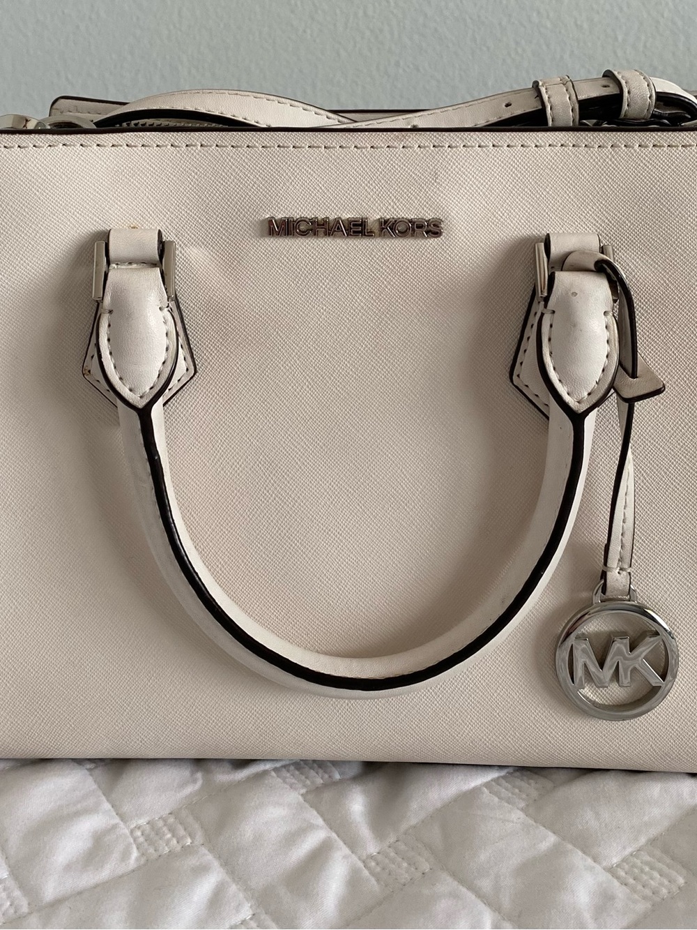 Michael Kors Ivory Saffiano Leather Satchel with MK Charm